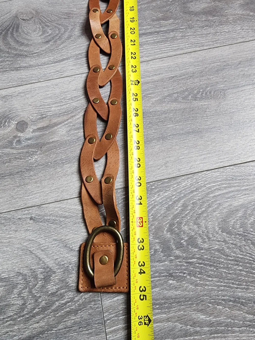 Chunky Tan Linked Loop Leather Belt w/ Brass Studs & Ring - Western Boho Braid